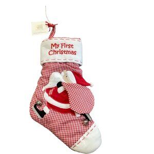 Babys My First Christmas Stocking Mud Pie Red White Santa Gingham 17” NEW